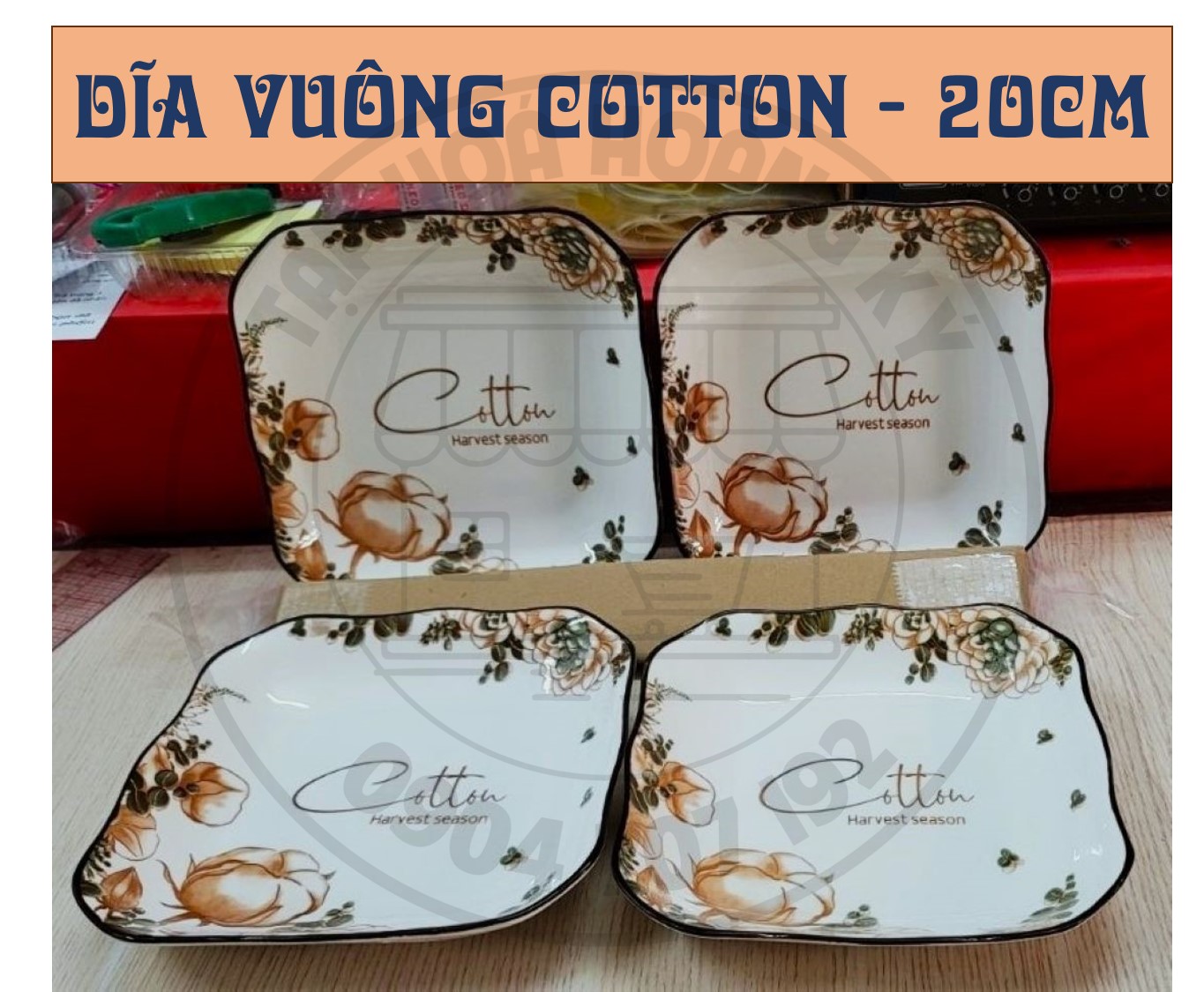 Dĩa vuông gốm sứ hoa văn Cotton 20CM ( CỠ 9)