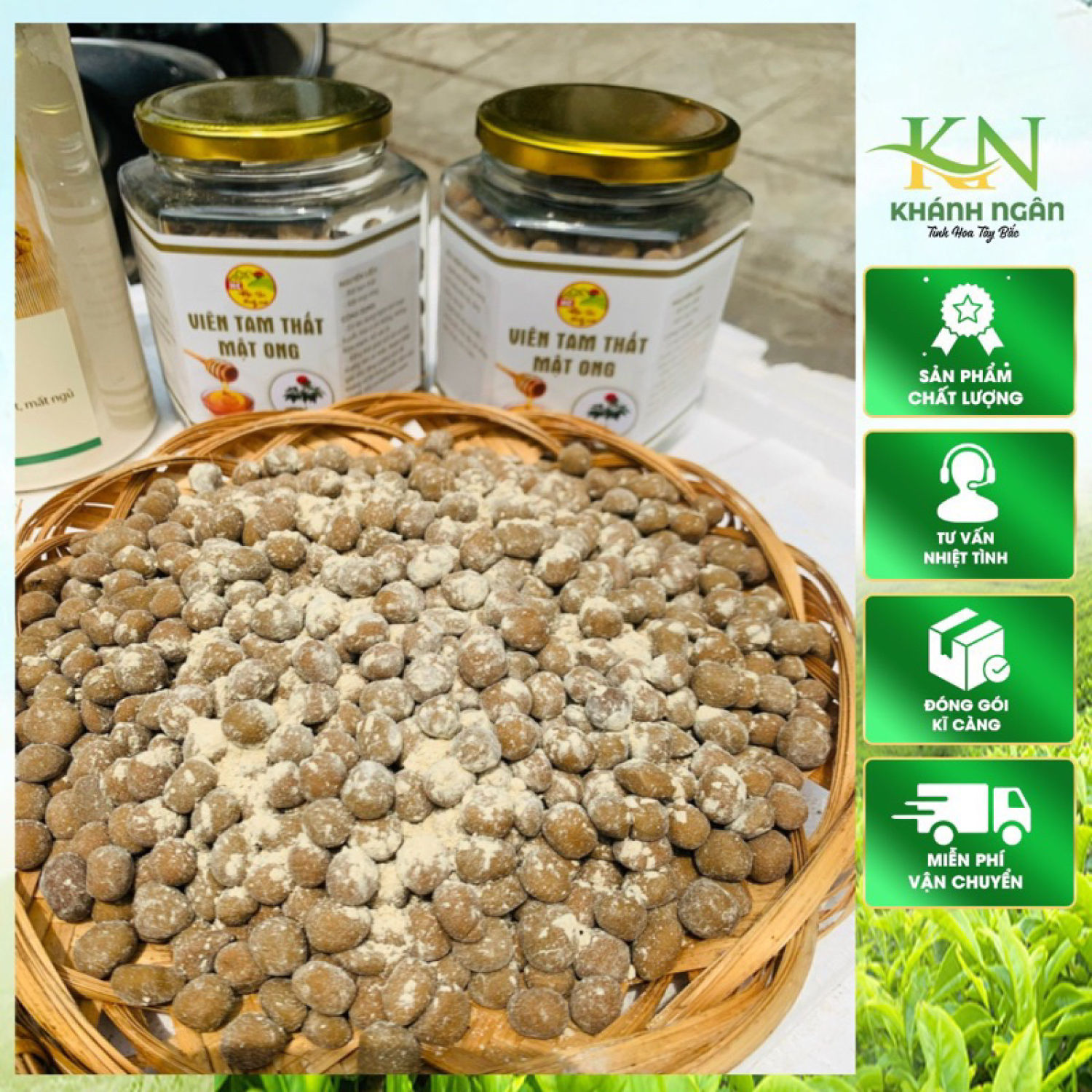 Viên tam thất mật ong được bào chế thủ công từ bột củ tam thất bắc hoang khô, mật ong khoái rừng Tây Bắc nguyên chất