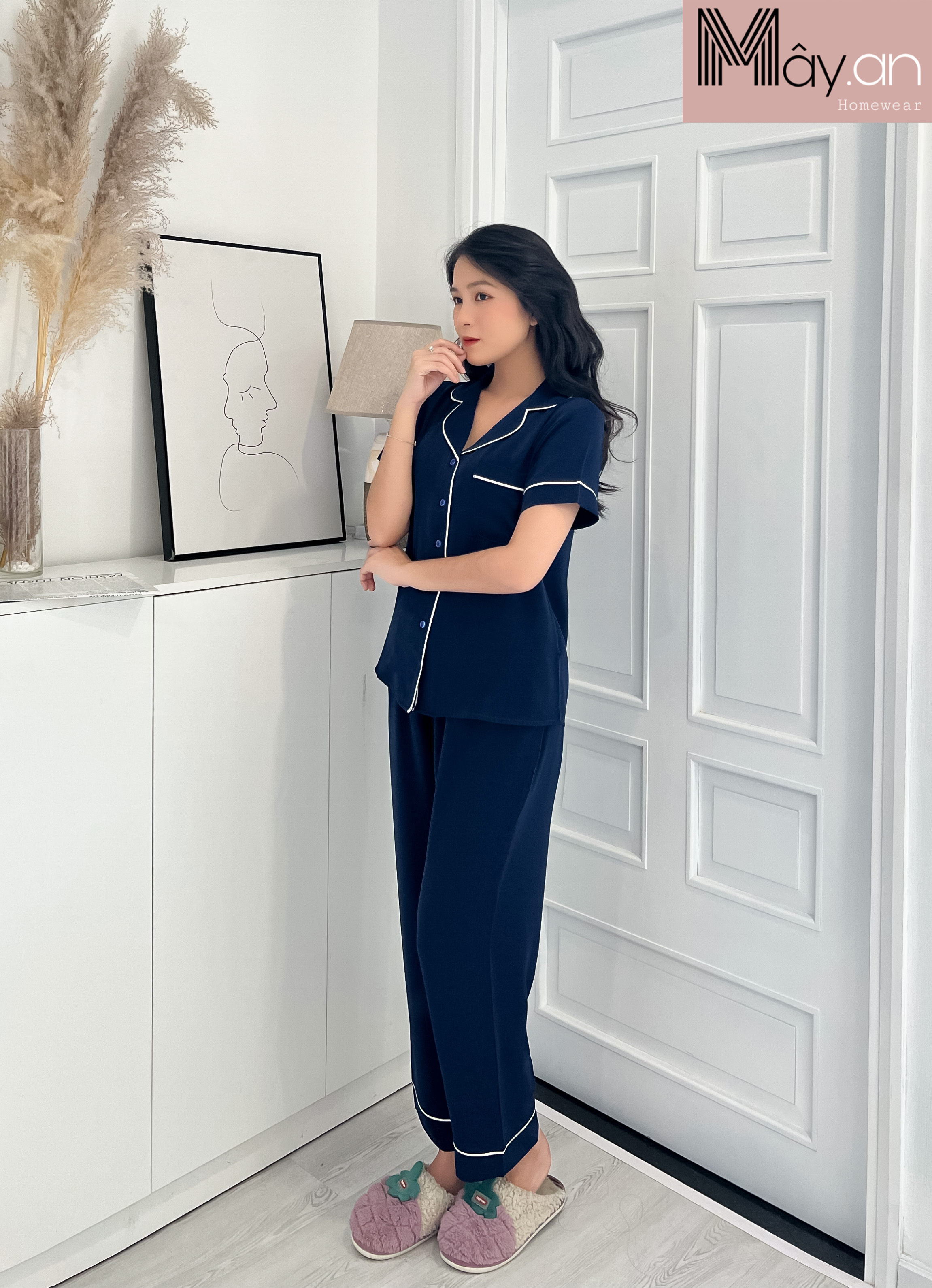 Đồ mặc nhà MÂY pijama lụa mịn Hàn quốc trơn quần dài
