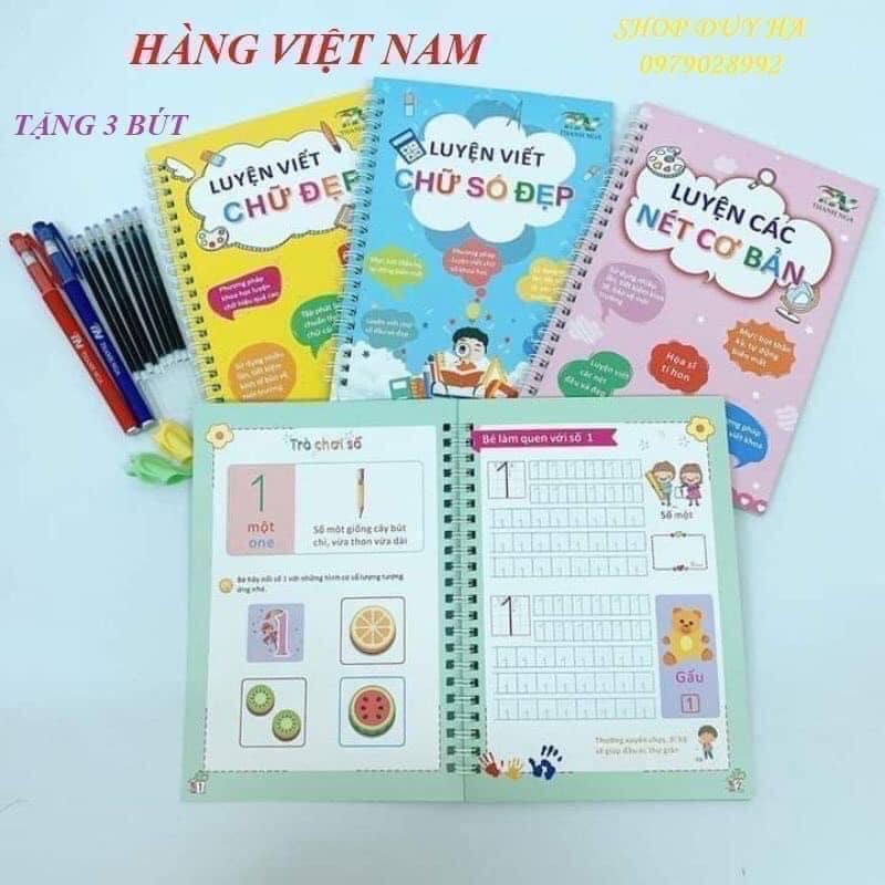 Sách - bộ 3 vở tập viết dập rãnh, mực tự xóa - phiên bản chuẩn tiếng việt và ngòi - dành cho bé mới tập viết