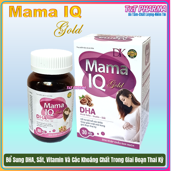 Viên uống Mama IQ gold bổ sung DHA , Acid folic- Inulin cho Bà bầu – DHA Nhập Khẩu Đan Mạch- Hỗ trợ bồi bổ sức khỏe, giảm mệt mỏi trong giai đoạn thai kỳ- Hộp 30 viên chuẩn GMP Bộ Y Tế cao cấp