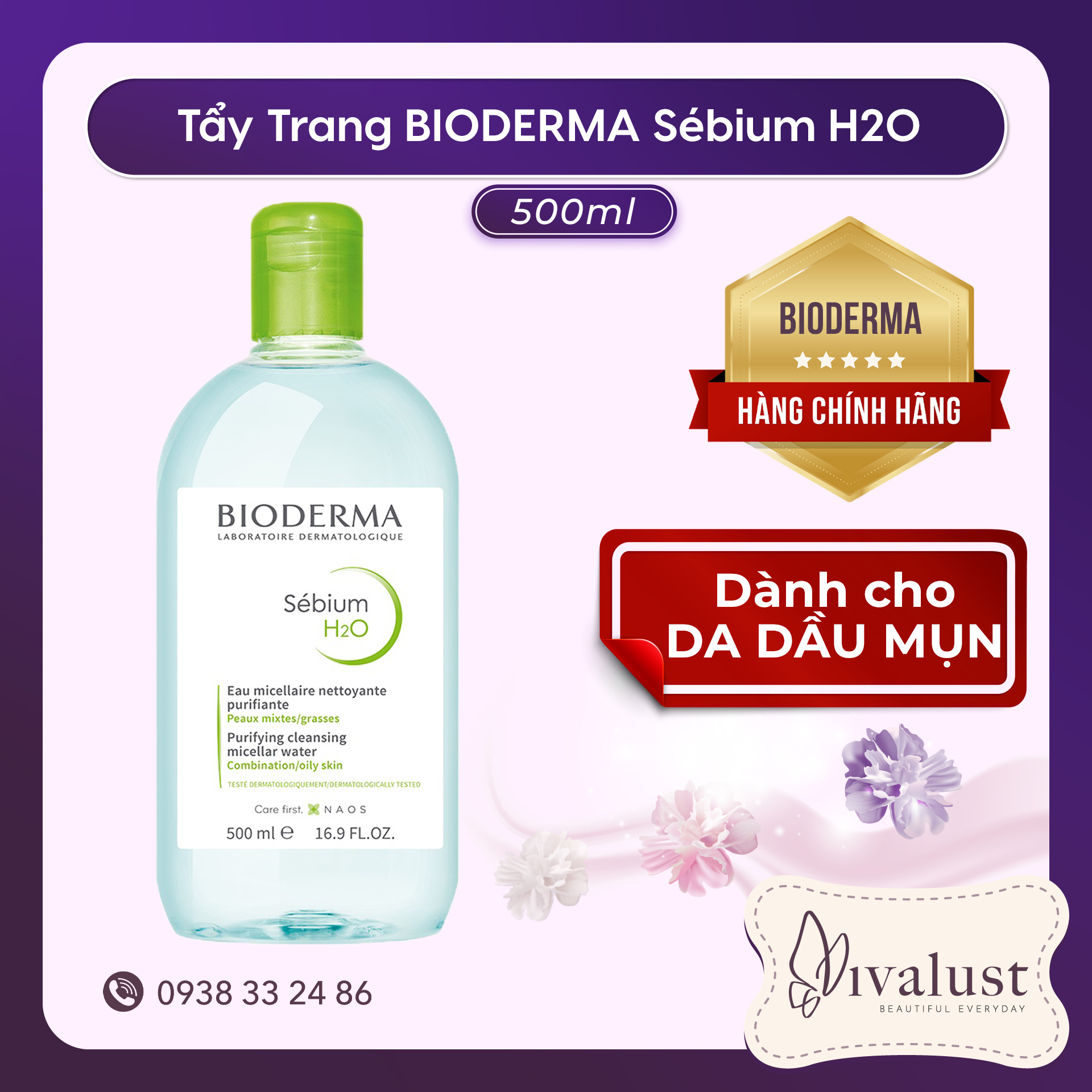 Nước tẩy trang dành cho da dầu da mụn bioderma sebium h2o 500ml