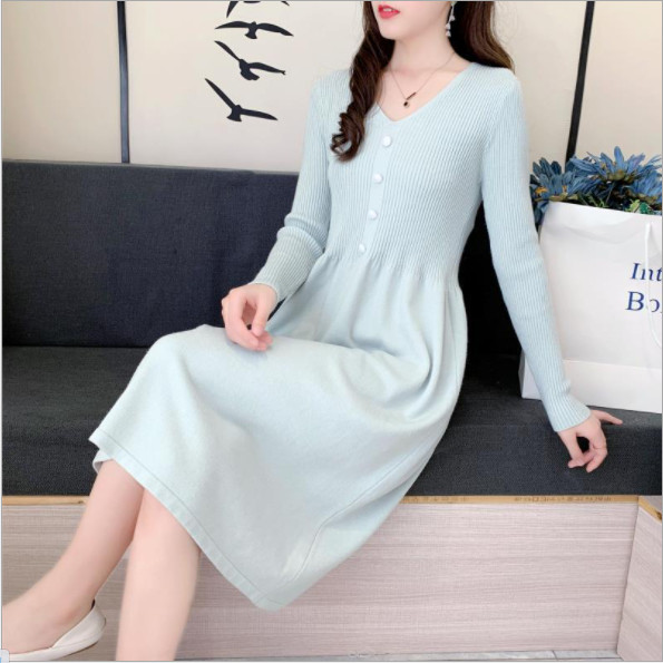 VÁY LEN QUẢNG CHÂU DÁNG DÀI cổ V DÀI TAY (FREESIZE 45kg-58kg)