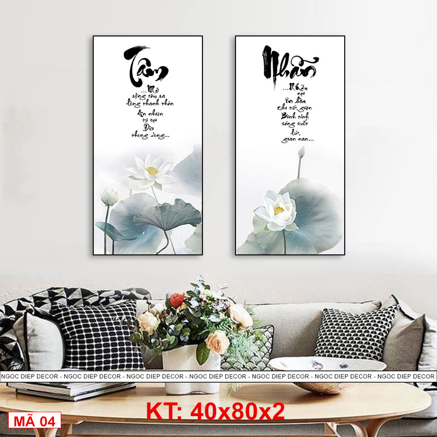 Tranh dán tường 3D hoa sen thư pháp - Tranh decor mang phong cách hiện đại có sẵn băng keo