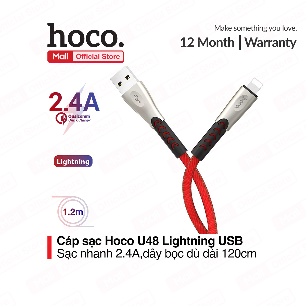 Cáp sạc lightning hoco u48 sạc nhanh 2.4a cho iphone/ipad dài 1.2m