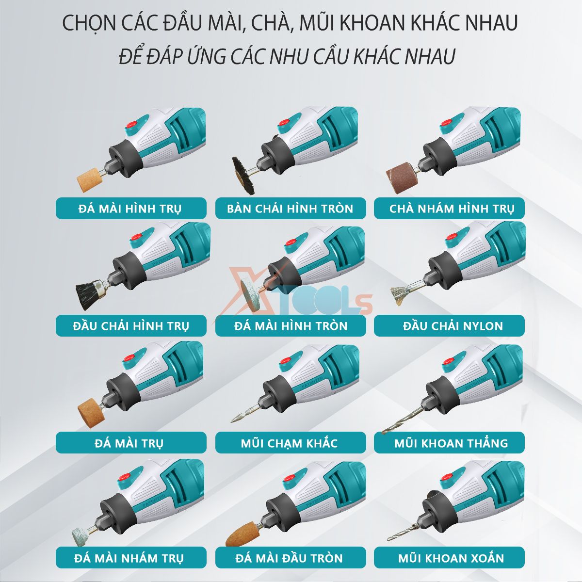 Máy mài khuôn cầm tay mini TOTAL 130-200W có chỉnh tốc. Bộ máy mài, khắc, khoan mini 2.3/3.2mm kèm 109-150 phụ kiện và dây nối XTOOLs