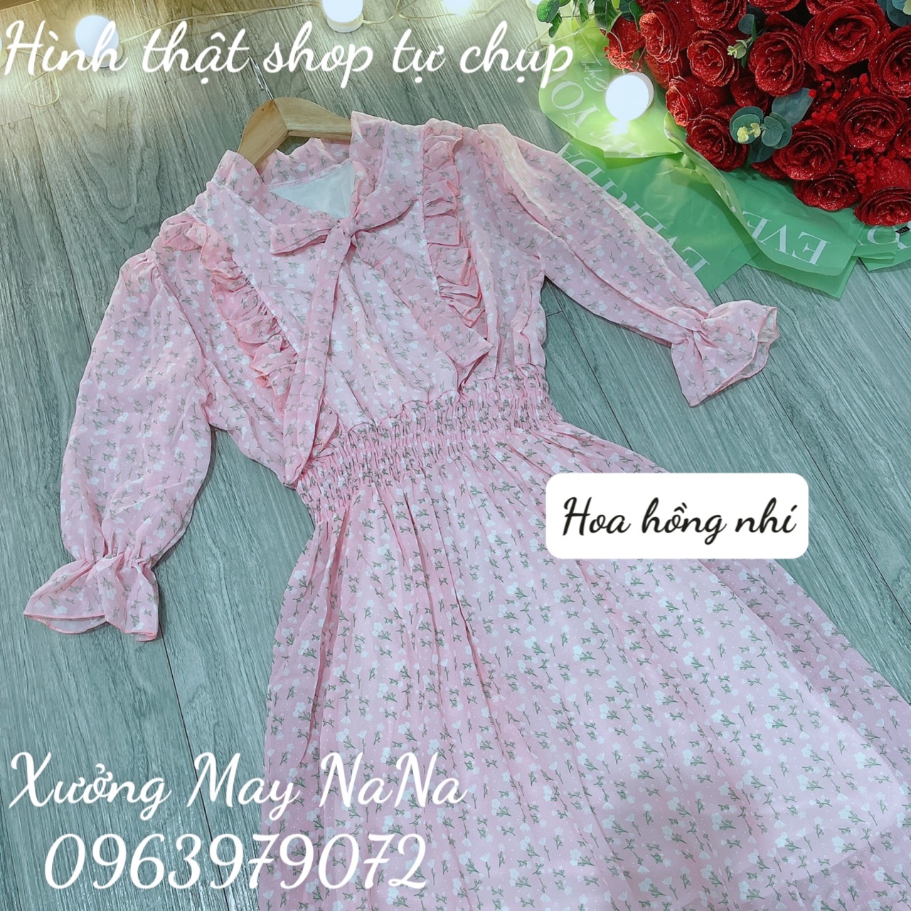 Đầm hoa nhí cột nơ tiểu thư  -video+hình thật