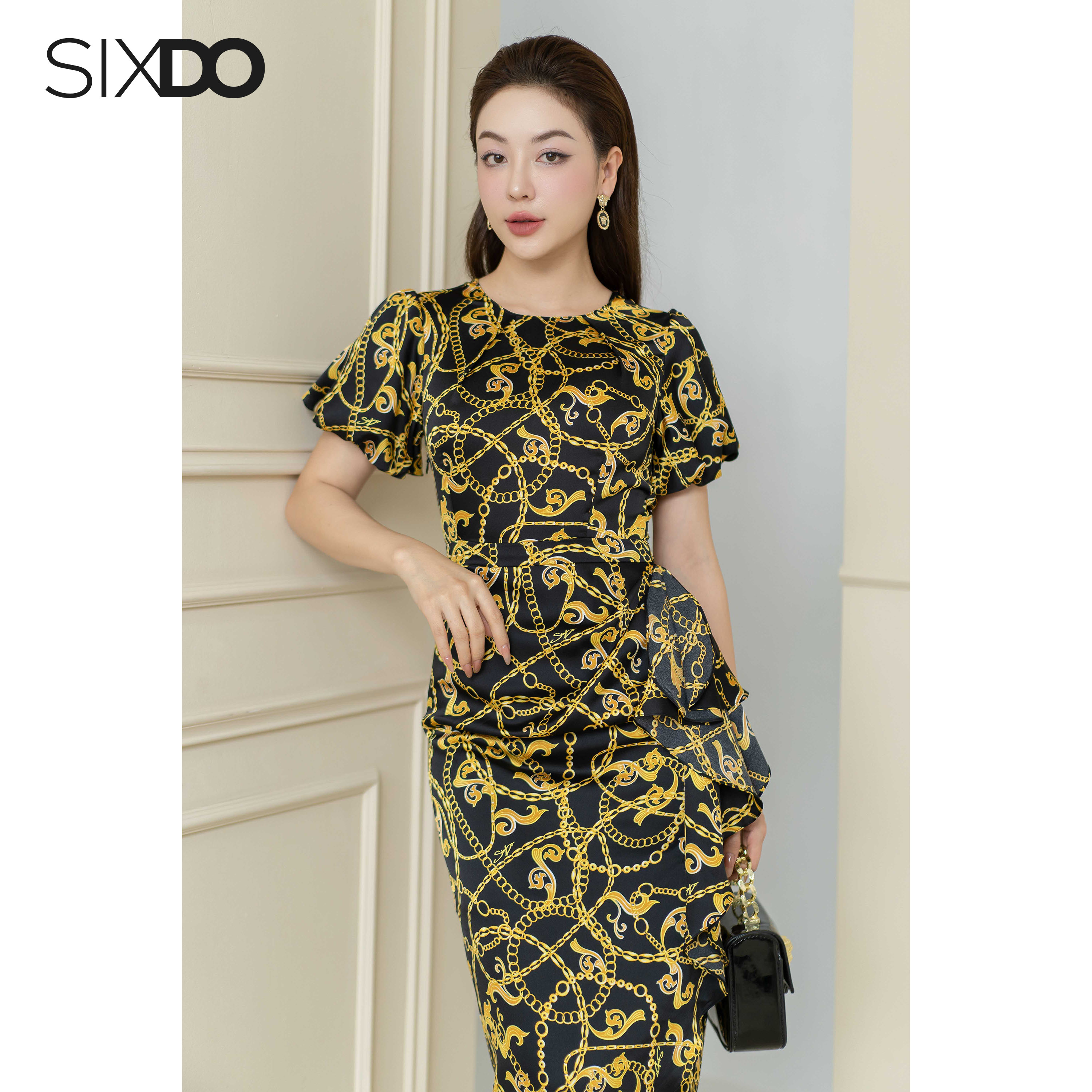 Đầm lụa họa tiết baroque phối bèo SIXDO