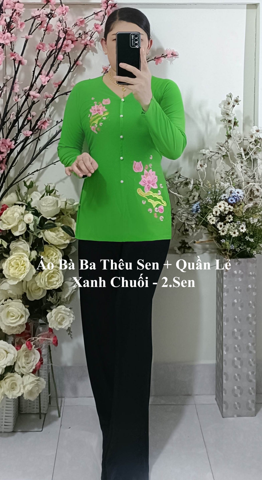 Bộ Bà Ba Thêu_2Sen (Áo Lẻ + Quần Đen Ống Rộng)