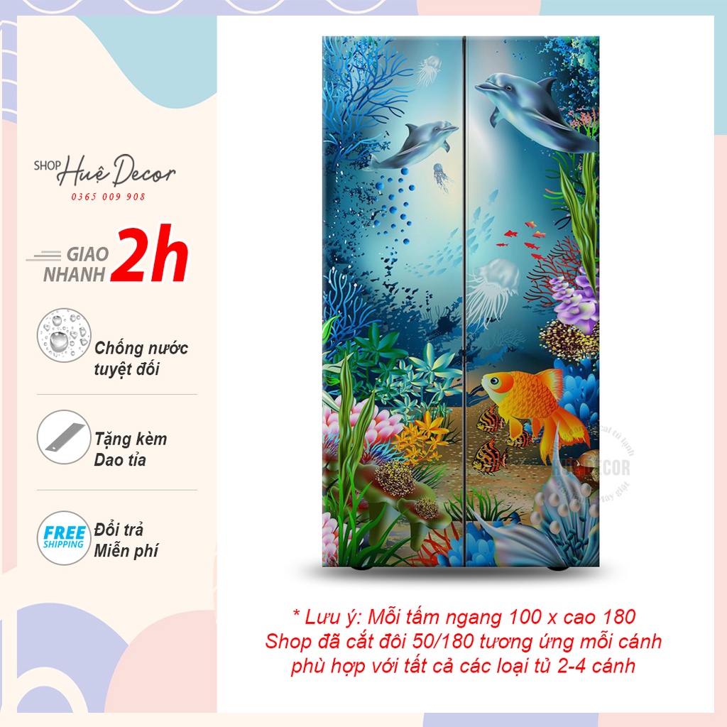Decal dán tủ lạnh side by side 2 cánh, 4 cánh cá heo dại dương