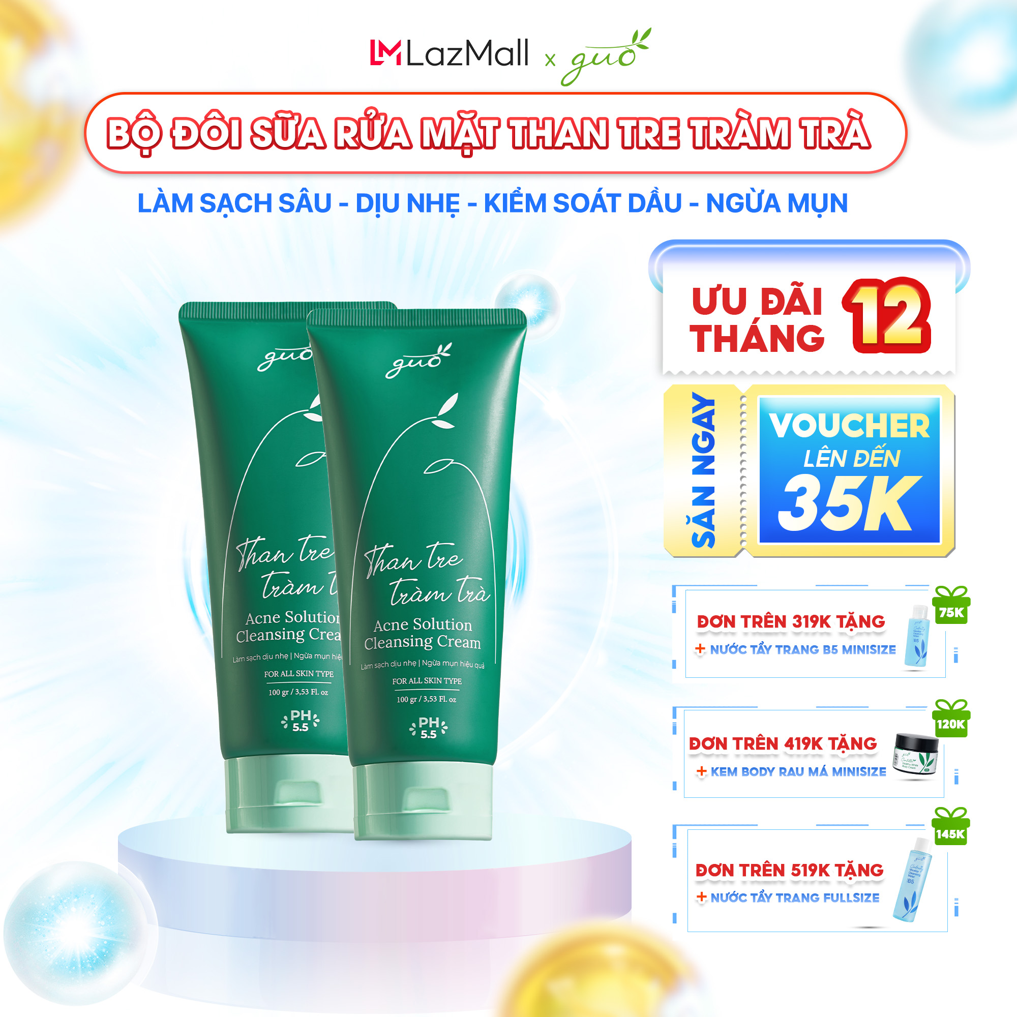 Bộ đôi Sữa rửa mặt [Kiềm dầu 8 tiếng ngừa Mụn không khô da] Sữa rửa mặt than tre tràm trà GUO (2tuýp*100ml)