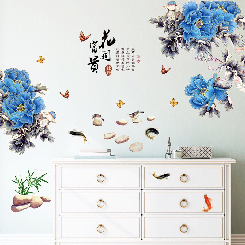 decal dán tường mẫu Hoa mẫu đơn xanh