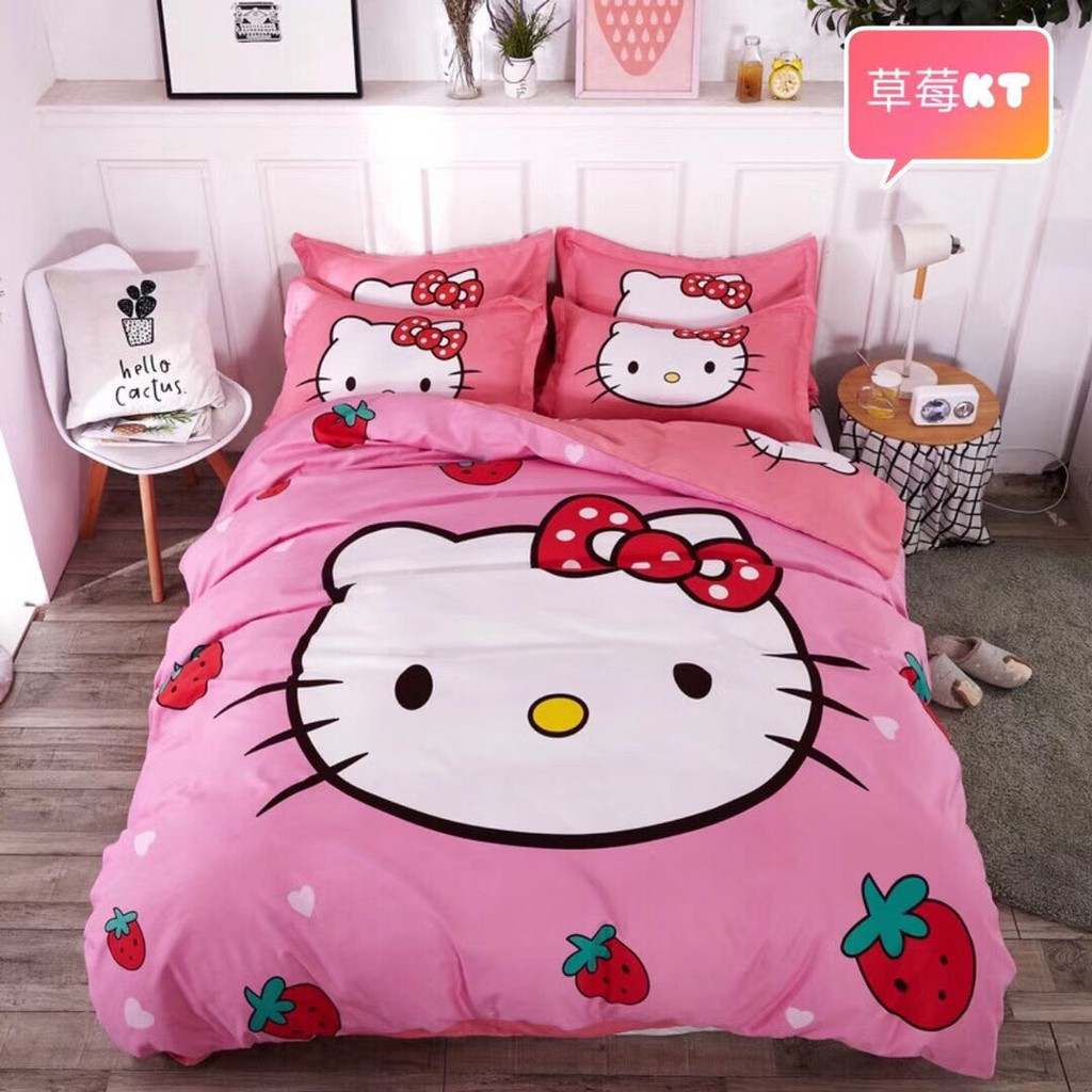 Bộ Chăn Ga Gối Cotton Tina 3D - Hello Kitty Dâu Tây