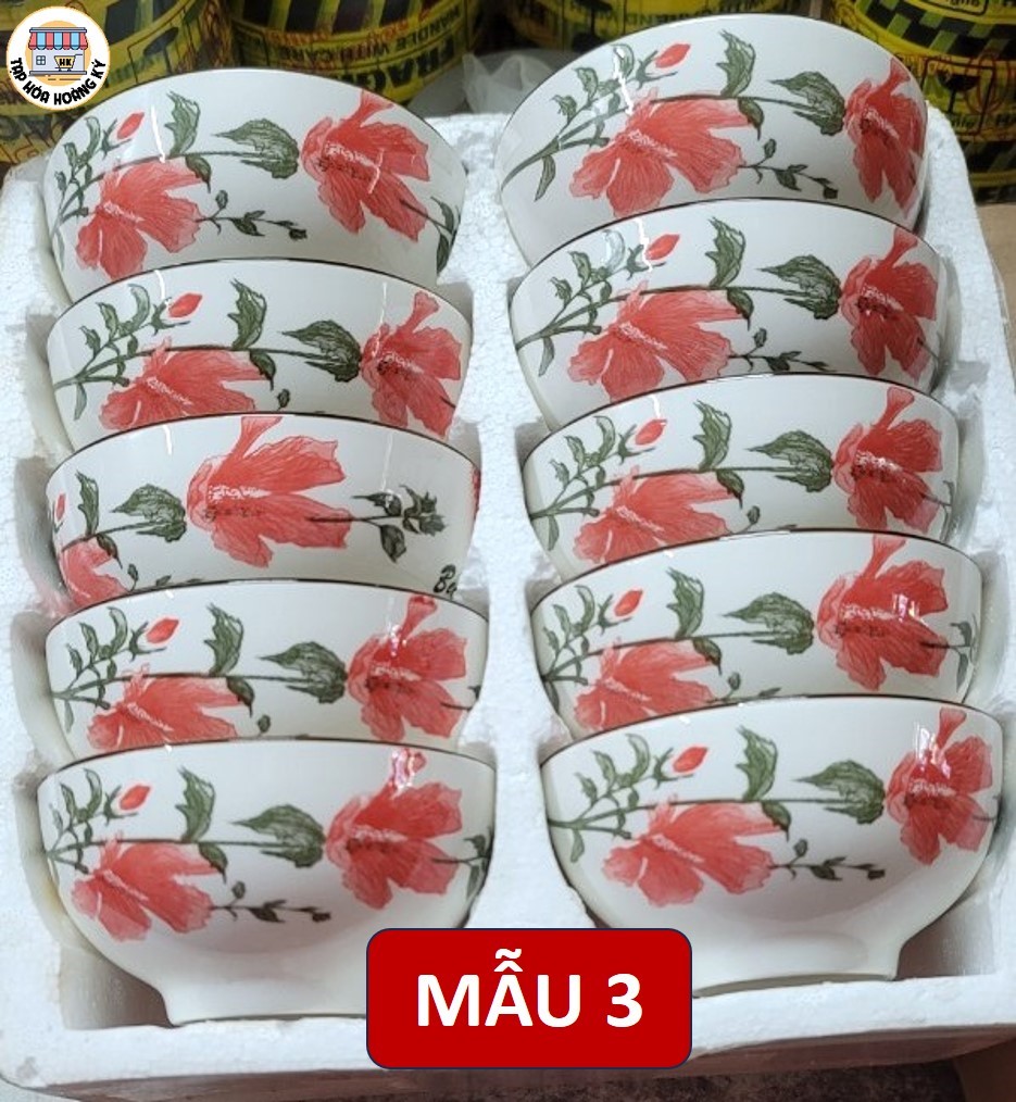 Bộ 10 Chén gốm sứ ăn cơm hoa văn 4D viền miệng chén ( không hộp Mousse)