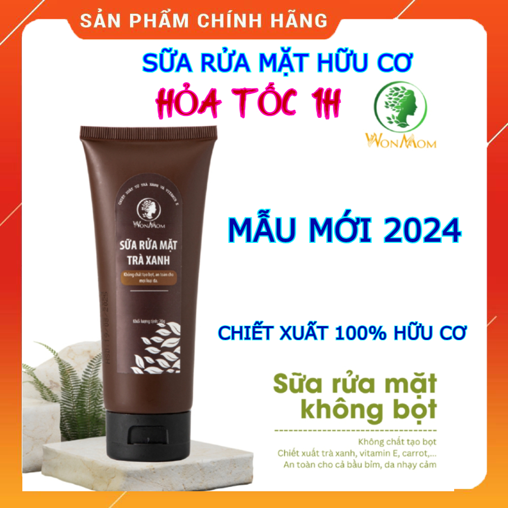 Sữa rửa mặt trà xanh hữu cơ WONMOM chai 70g không bọt - Trắng da, se khít lỗ chân lông - An toàn cho mẹ bầu và sau sinh