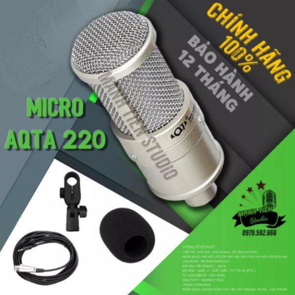 [Sale 50%] Micro thu âm AQTA AQ220 - Mic thu âm condenser livestream, karaoke online chuyên nghiệp mạ nhôm nguyên chất - Độ nhạy cao, giảm tiếng ồn, chất âm trong sáng - Sử dụng nguồn 5V-48V kết nối các loại Soundcard - Bảo hành 12 tháng