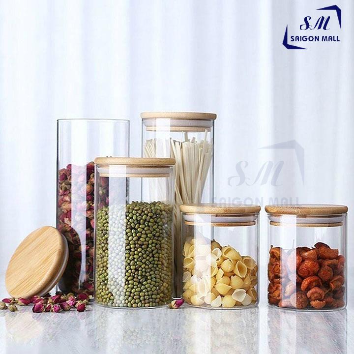 COMBO 3 hũ thủy tinh 1.4 lít, 1.05 lít và 685ml, Lọ thủy tinh nắp gỗ cao cấp, Hũ thủy tinh trụ tròn nắp gỗ cao cấp đựng thực phẩm - LỌ THỦY TINH NẮP GỖ CAO CẤP