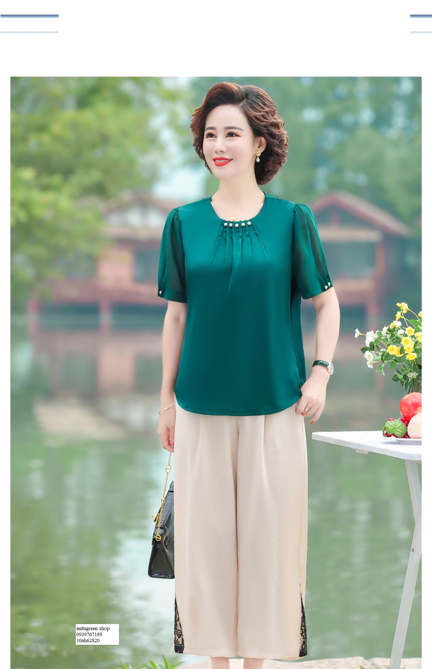 nh62820-áo kiểu trung niên đính nút