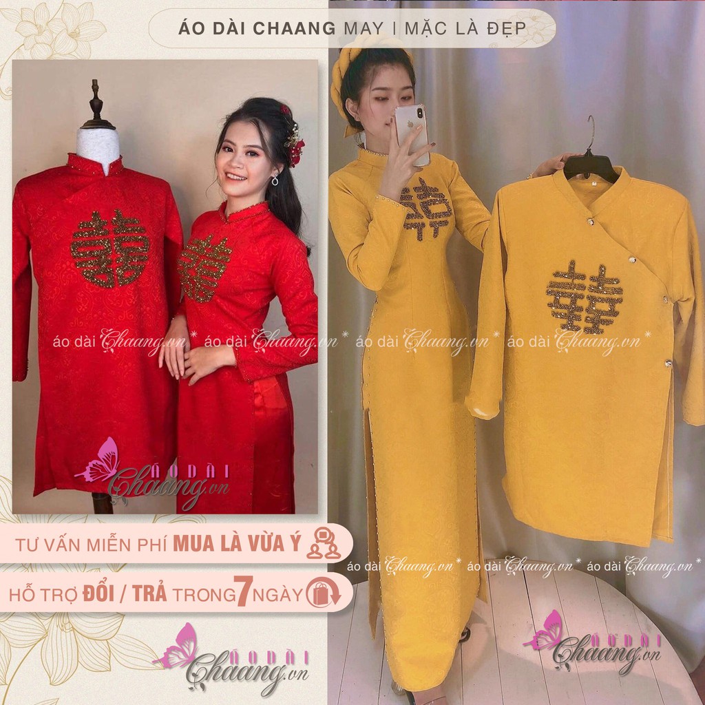 Áo dài cặp đính đá pha lê cao cấp cho dâu rể, áo dài cặp ăn hỏi