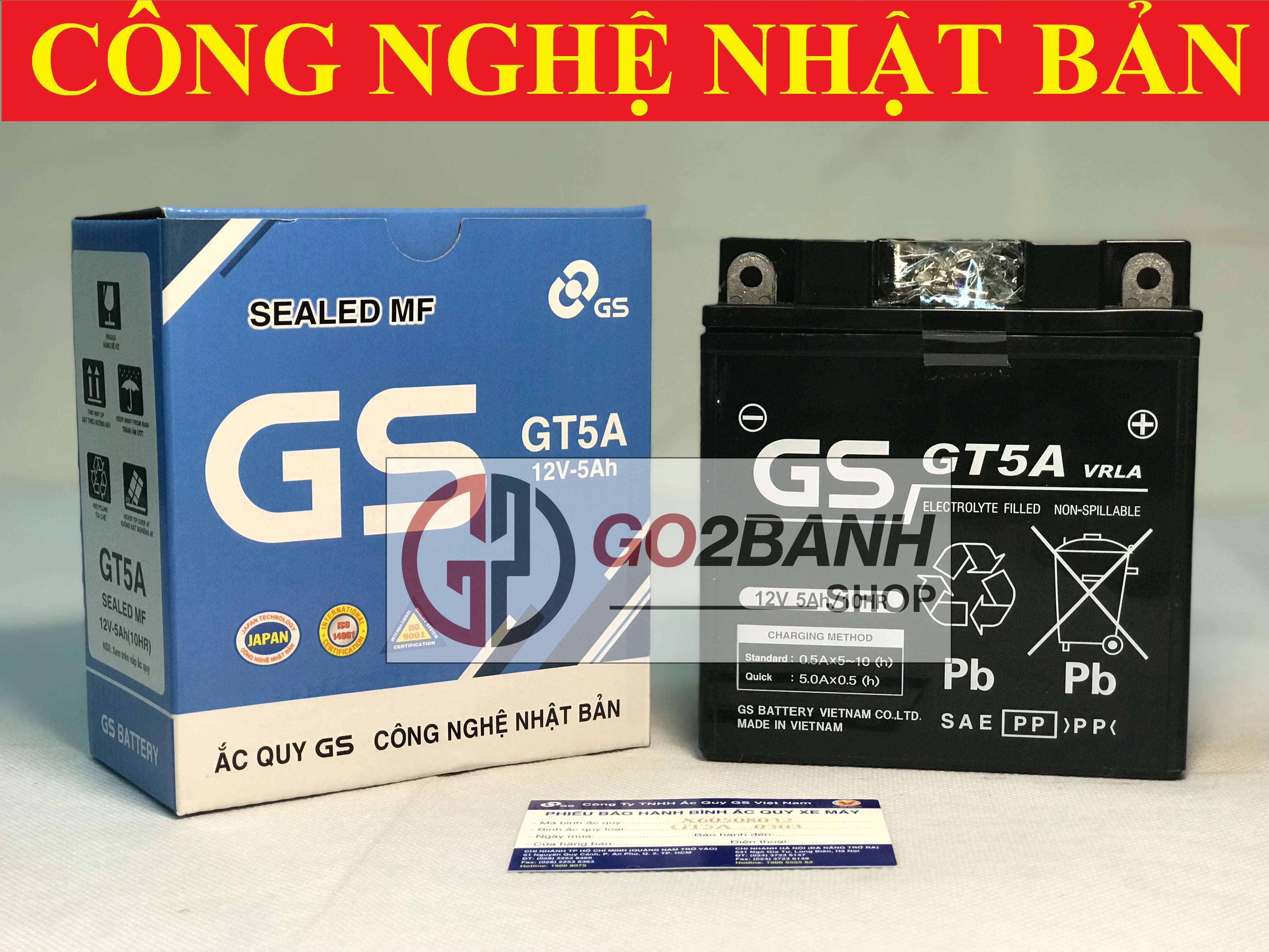 Bình ắc quy khô GS GT5A Dream, Wave alpha nhỏ, Future đầu, Sirius xăng cơ, Jupiter xăng cơ, Taurus, Mio (12V-5Ah)