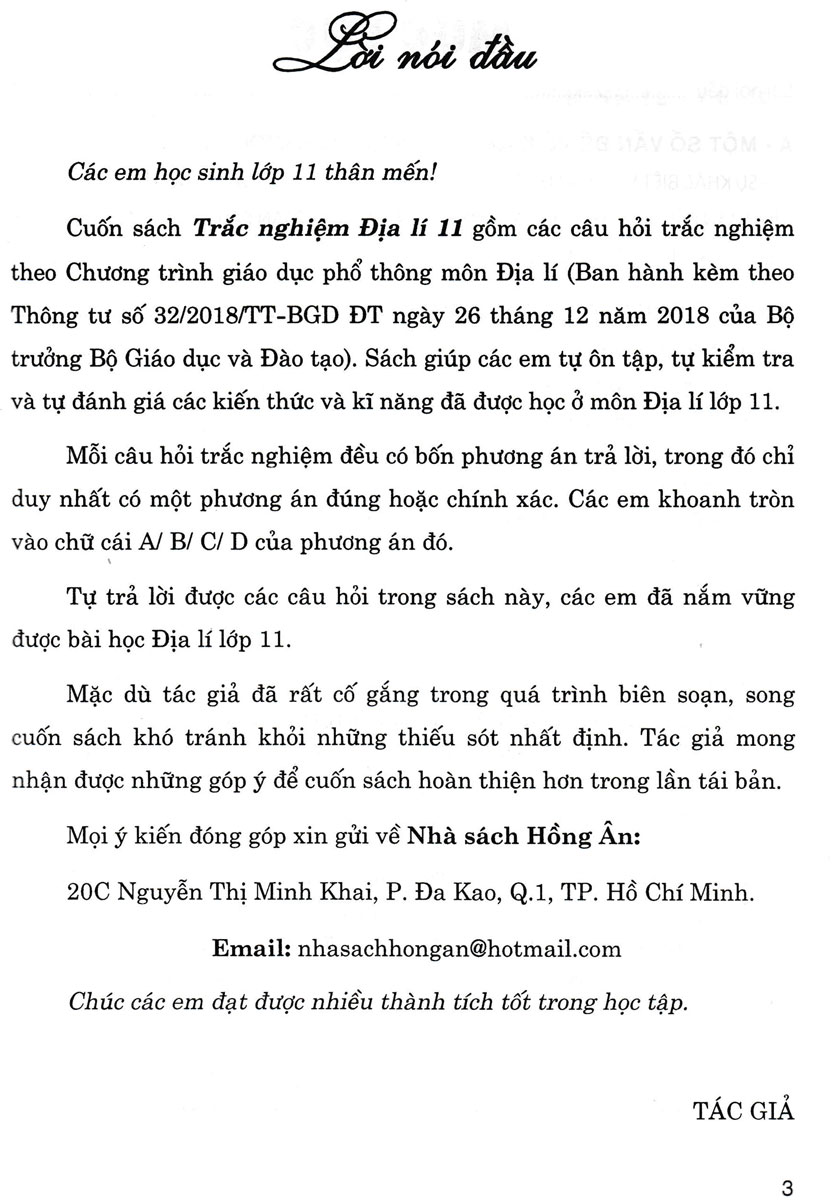 TRẮC NGHIỆM ĐỊA LÍ LỚP 11 (DÙNG CHUNG CHO CÁC BỘ SGK HIỆN HÀNH)