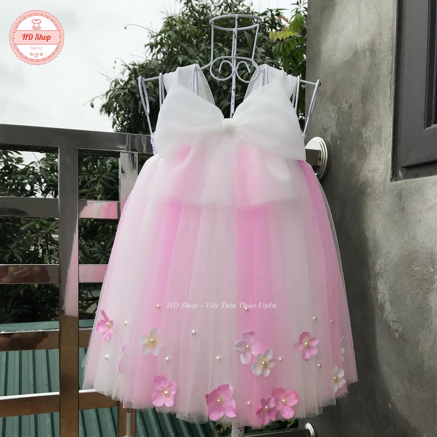 váy tutu hồng phấn phối trắng nơ trắng