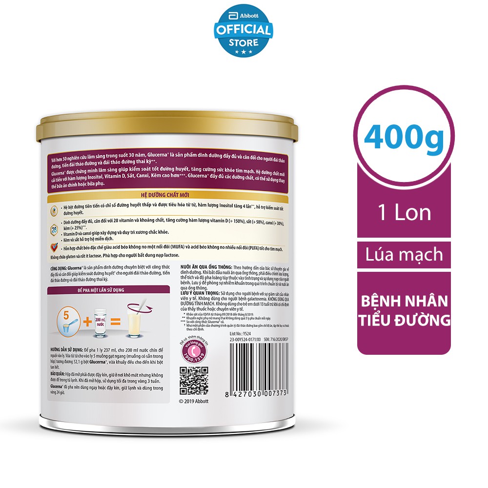Lon sữa bột Abbott Glucerna Hương Lúa mạch 400gram