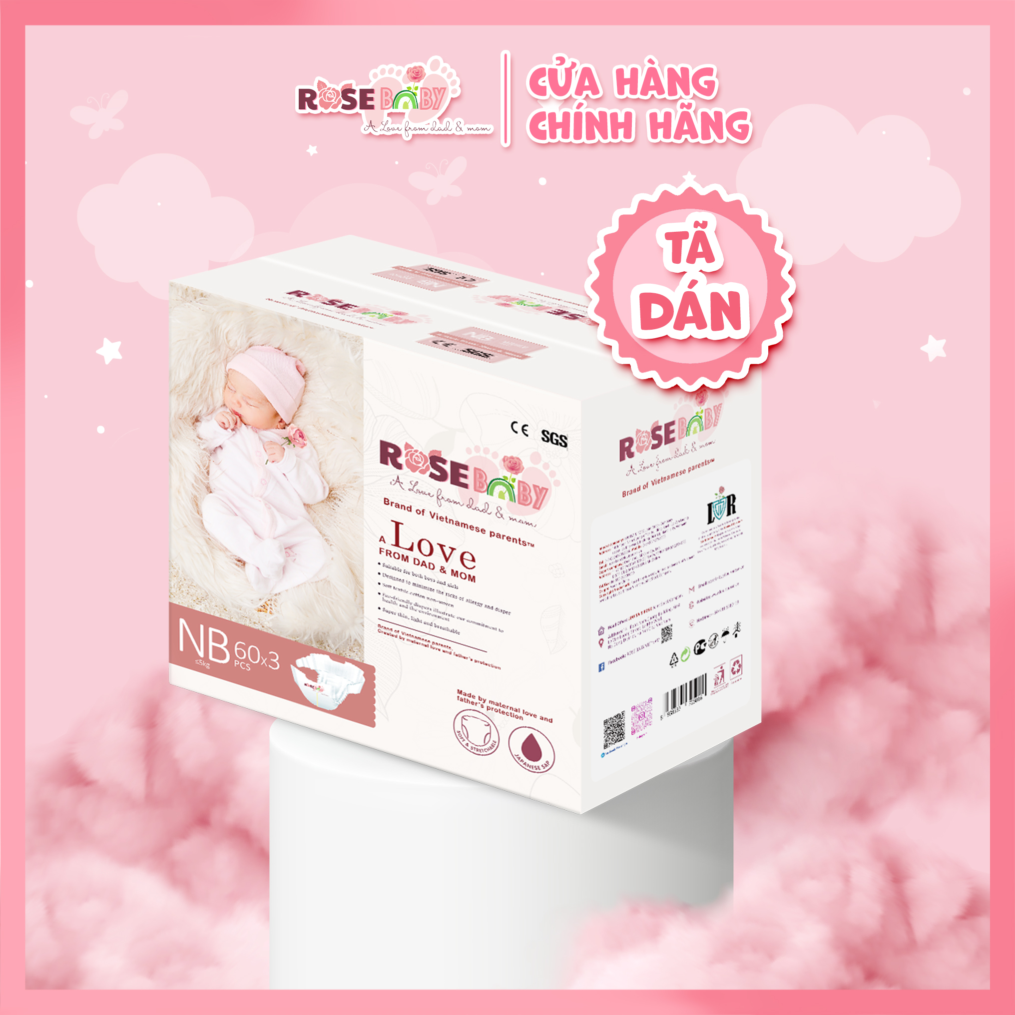 Thùng Tã Dán ROSE BABY Size Newborn/NB (180 miếng)