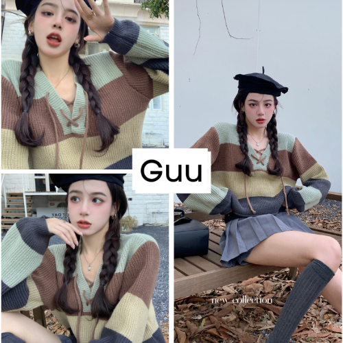 Áo len cách điệu cổ V phối cùng dây đan chéo, Áo len dáng ngắn croptop Quảng Châu vải len dệt dày dặn siêu xinh GUU