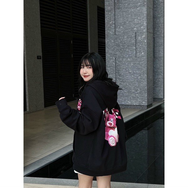 Áo khoác hoodie zip teddy bear, áo khoác nỉ form rộng gấu dâu kute, kèm ảnh thật, áo khoác nỉ khoá kéo có mũ to, áo nỉ in gấu