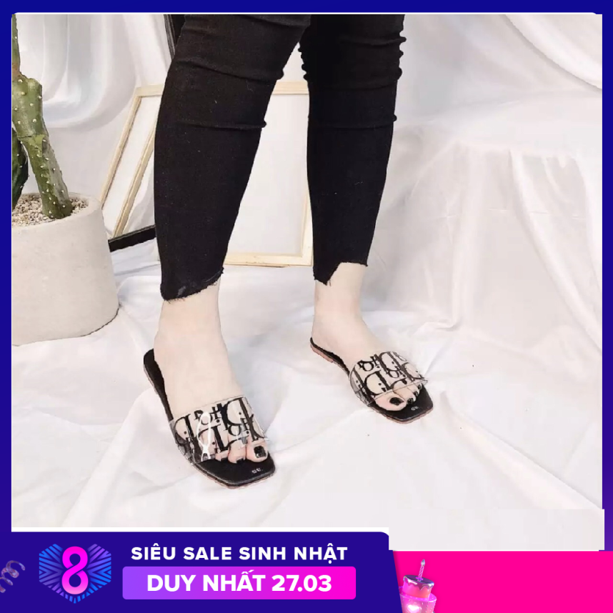 Dép nữ quai ngang in chữ chất da bóng, quai nhựa bóng in chữ đi rất êm dép bệt 1cm giá rẻ