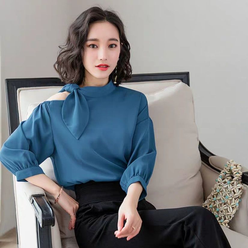[HCM] Áo Sơ Mi Phối Nơ Vai Xanh Phi Lụa Cách Điệu BEYEU1688 - BY3320