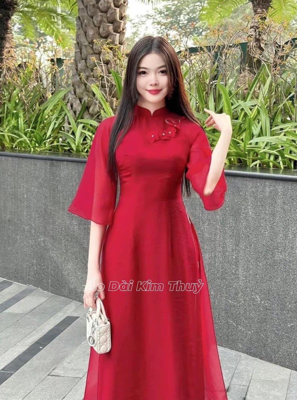 (xả lẻ size) Áo dài cách tân 4 tà màu đỏ cổ 2cm tay loe