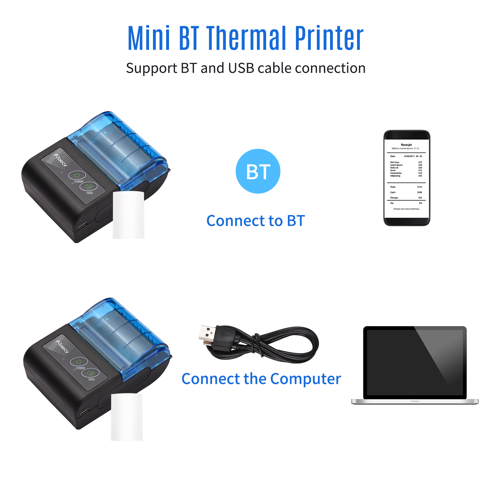 Aibecy Portable Thermal Printer Wireless USB Receipt Bill Ticket Printer with  58mm Print Paper Compatible with iOS Android Windows Fannlady