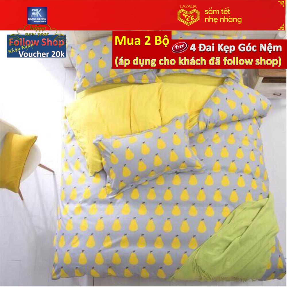 (FreeShip MAX) Bộ chăn ga gối poly trái lê vàng 1m6x2m