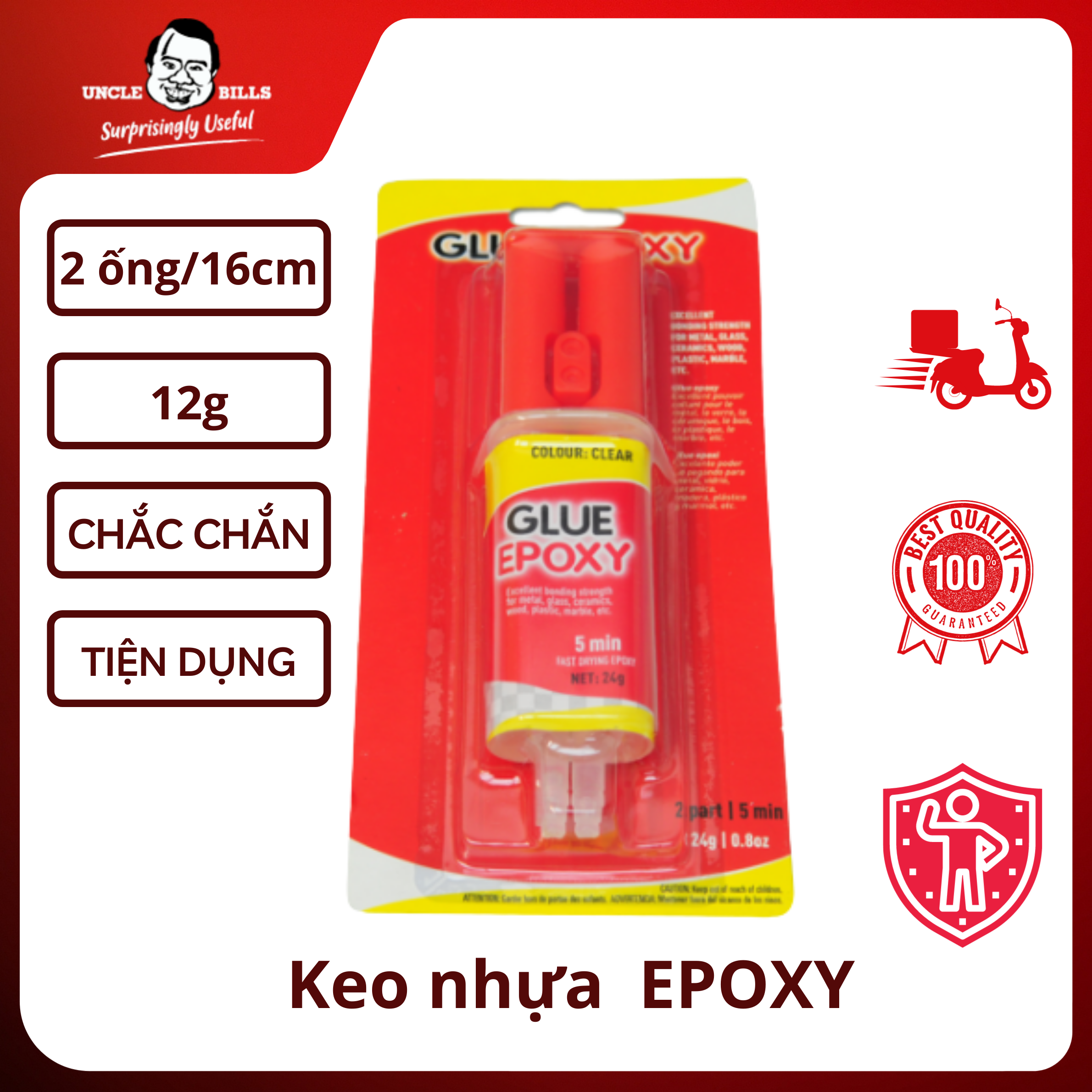 Keo nhựa trong suốt Epoxy đa năng có 2 đầu ống keo A&B Uncle Bills HY0019 dán siêu dính các chất liệu gỗ, kim loại, nhựa, đồ trang trí, tiện lợi,dễ sử dụng,