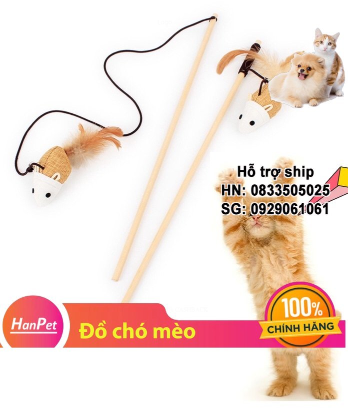 Hanpet - Cần câu cho mèo dạng cán gỗ - đồ chơi cho mèo