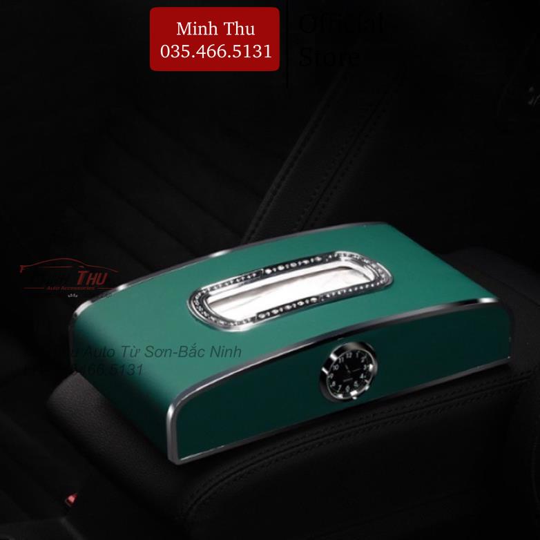Hộp đựng khăn giấy bằng da kèm đồng hồ trang trí xe ô tô - hộp khăn giấy 3in1 bọc da mạ viền kim loại cao cấp