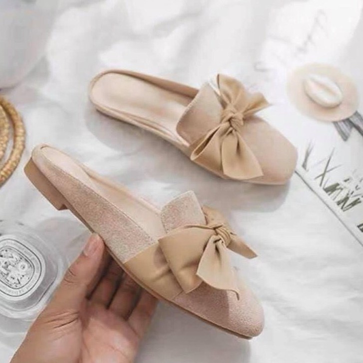 [Mã FASHIONG10 giảm 10k đơn 50k] Giày Mules Nơ Da Lộn Giày Lười Nữ G15