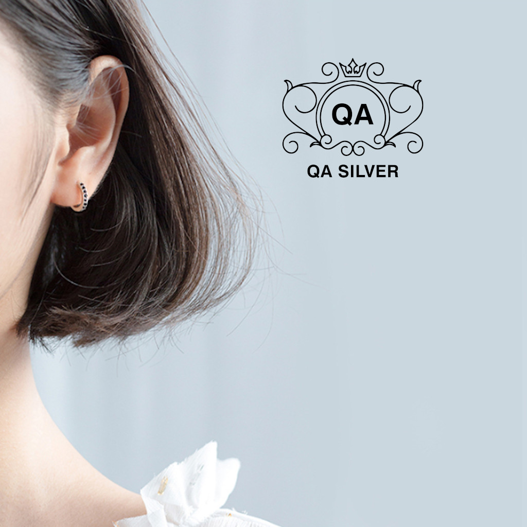 Khuyên tai bạc 925 tròn khảm đá bông tai hoop nam nữ đen trắng S925  HOOP QA Silver Earrings EA191001