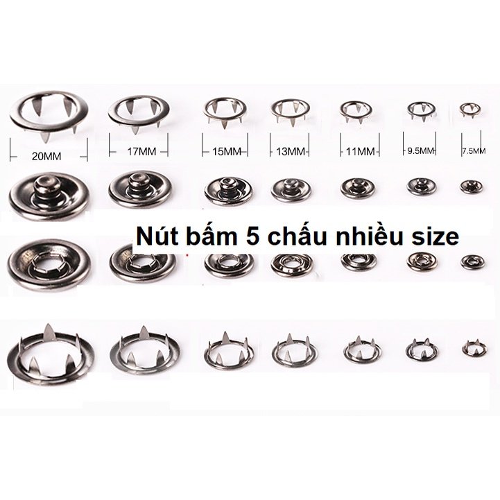 Nút bấm vành áo sơ sinh Nút bấm 5 chấu Nút áo bấm bốn thành phần Bằng thau không gỉ Màu bạc Cỡ 9mm/11mm Bịch 50/100 bộ