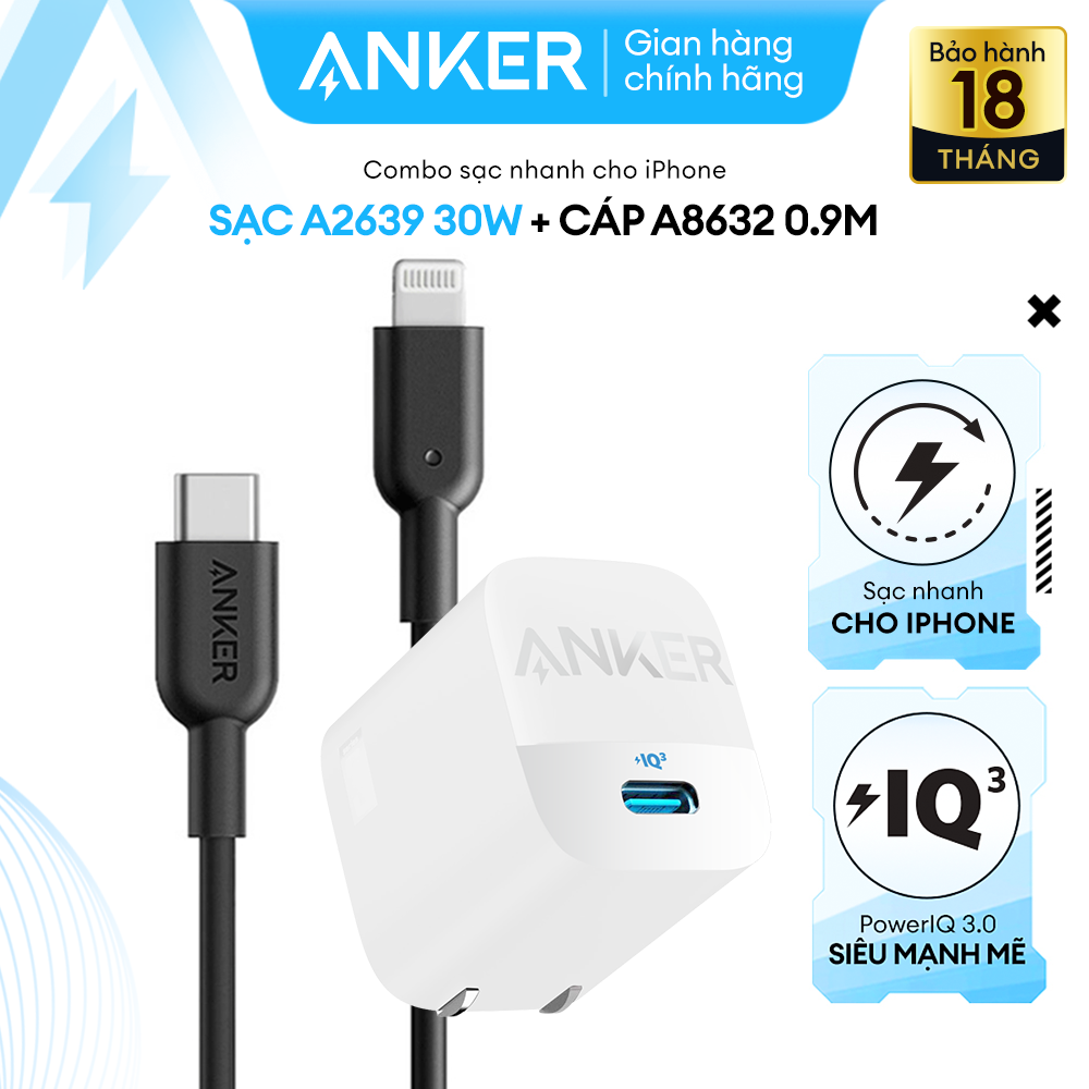 Combo Bộ Sạc Cáp Anker Sạc Nhanh Power IQ 3.0 30W Chuẩn MFI Dài 0.9m Cho iPhone 8 Trở Lên