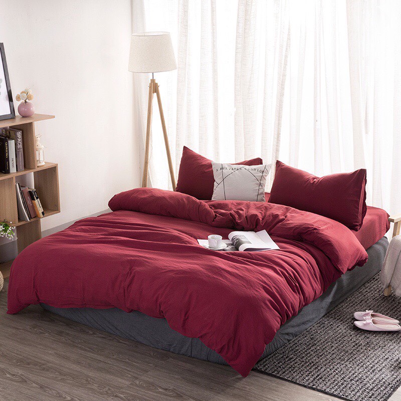 TRỌN BỘ 4 MÓN CHĂN GA GỐI ĐŨI COTTON NHẬP MÀU ĐỎ ĐÔ