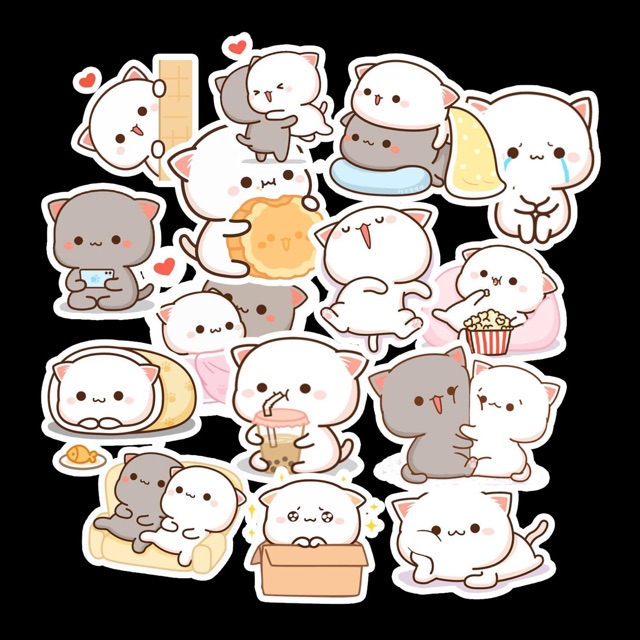 Sét 30-60 sticker mèo mochi ép lụa / hình dán mochi mèo