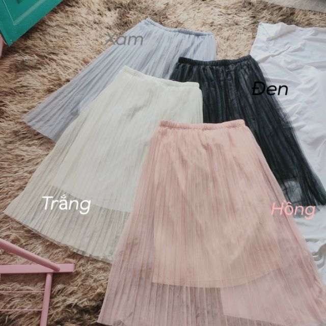 Chân váy vôn lưới dập ly dài qua gối