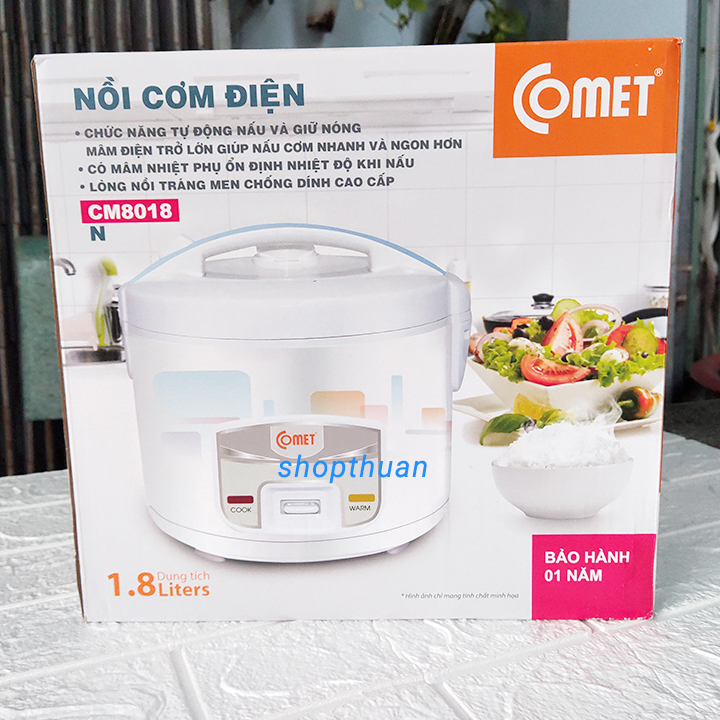 NỒI CƠM COMET CM8018( 1.8LIT -CAO CẤP)-tráng men, chống dính, tiết kiệm điện, tiện dụng, màu sắc sang trọng, nấu và giữ ấm-hợp cho gia đình có từ 4_6 người_ Bảo Hành 12 tháng