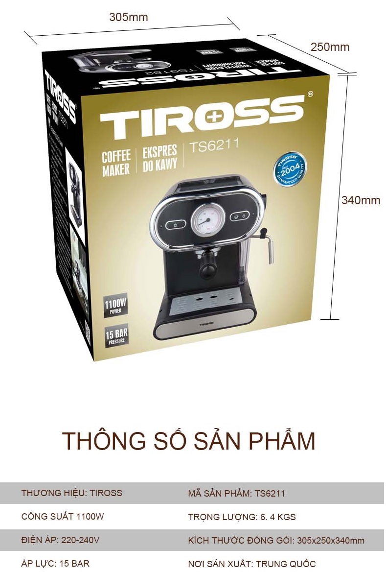 Máy Pha Cà Phê Tiross, Phân Phối Chính Hãng, Bảo Hành 12 Tháng