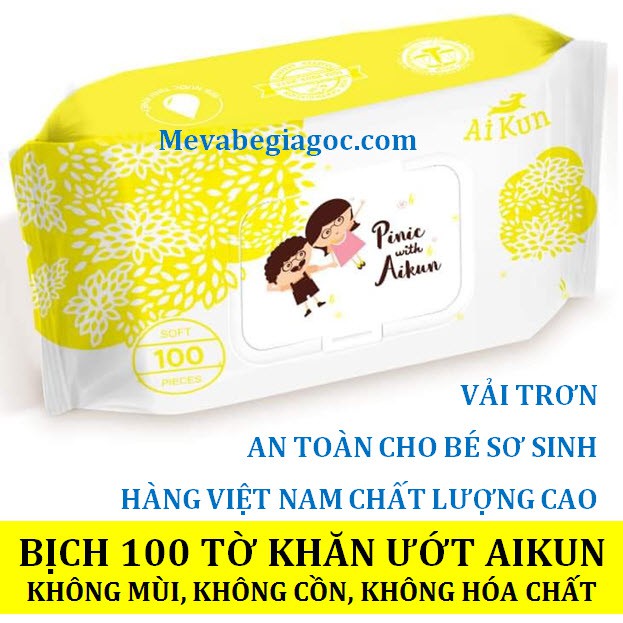 (FREESHIP ĐẾN 50k) (Hàng VN Chất Lượng Cao) (Màu vàng) Bịch 100 tờ Khăn ướt Aikun không mùi an toàn cho Bé Sơ Sinh NAM2