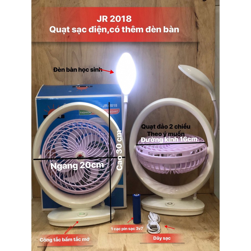 Quạt sạc để bàn có đèn led jr 2018