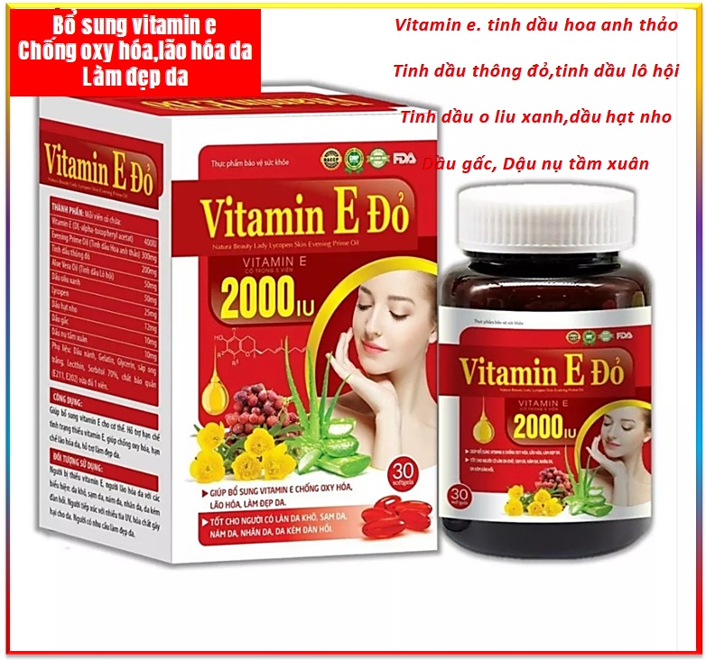 Viên Uống Đẹp Da Vitamin E đỏ 2000IU Thành Phần Vitamin E Tinh Dầu Lô Hội  Hoa Anh Thảo Thông ĐỏTinh Dầu Lô Hội ... Giúp Bổ Sung Vitamin E Làm Đẹp DaChống Oxy hóa Hạn Chế Lão Hóa Da Làm Mờ Thâm Nám Tàn Nhang- Hộp 30Viên